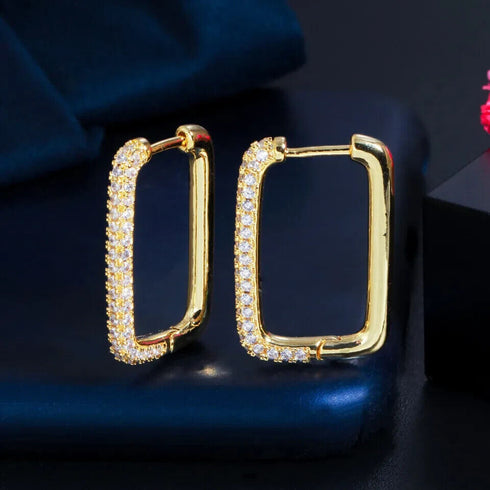 Exquisite Micro Pave 14K Gold Plated Rectangular Cubic Zirconia Hoop Earrings